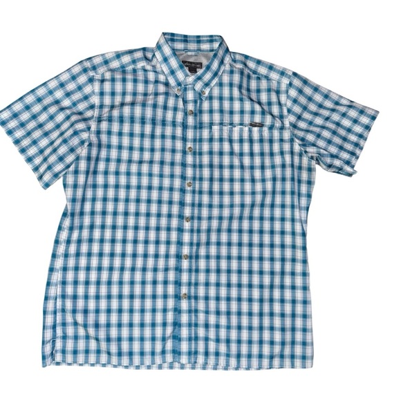 📌Eddie Bauer Men’s Short Sleeve Plaid Button-Front Shirt Blue Check Casual - Picture 2 of 7